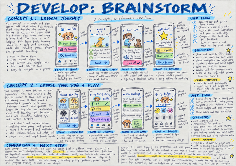 Student folio example: Two concepts and user flows