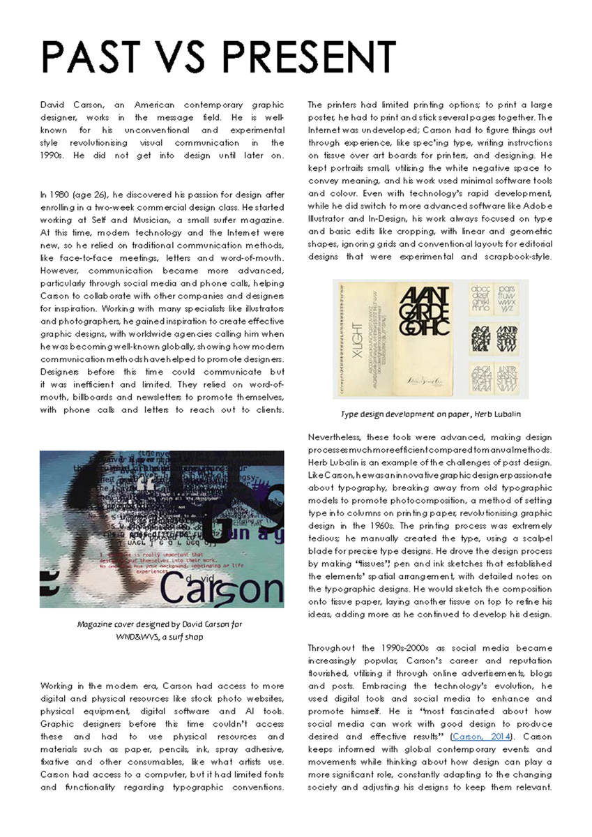 Student written comparison of past and present design practices in a selected design field